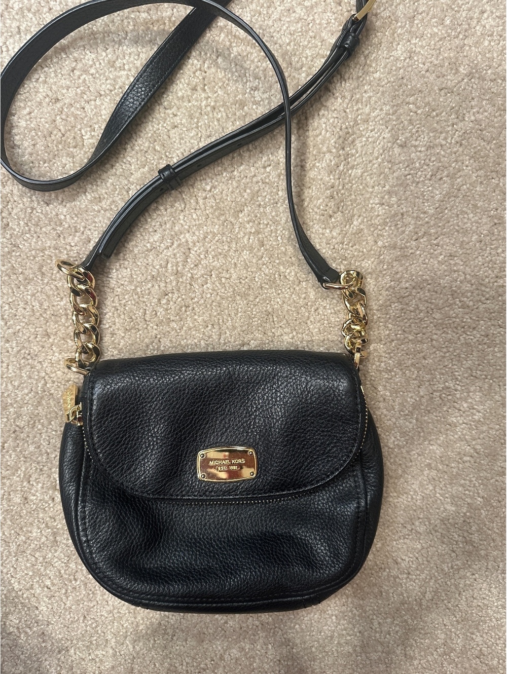 (5)Michael Kors Black Pebbled Leather Crossbody Bag with Gold Chain Accents